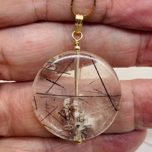 Tourmalinated Quartz Beautiful Round 14K Gold Filled Pendant | 30mm | Disc |