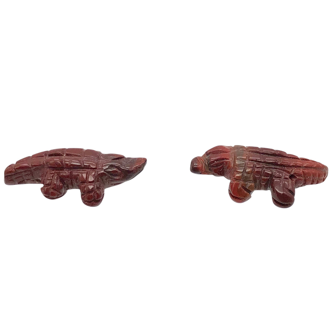 Red Gators 2 Carved Jasper Alligator Animal Beads | 28x11x7mm | Red