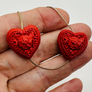 Cinnabar Carved Double Flower Heart Beads | 22x22x20mm | Red | 2 Beads |
