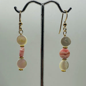 Rhodocrosite Mother of Pearl 14K Gold Filled Drop Earrings | 1 3/4"| Pink White|