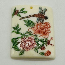 Load image into Gallery viewer, Rose Flower Dragonfly Scrimshaw Pendant Bead | 29x22x4mm | Red, Green, Cream |

