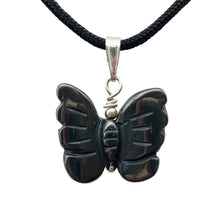 Load image into Gallery viewer, Flutter Carved Hematite Butterfly and Sterling Silver Pendant 509256HMS
