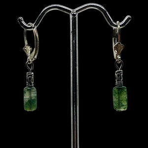 Moss Agate Cube Bead Sterling Silver Earrings | 1 1/4" long | Green, Clear |