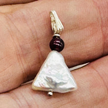 Load image into Gallery viewer, Pearl Triangle and Garnet Sterling Silver Drop Pendant | 1&quot; Long | White, Red |
