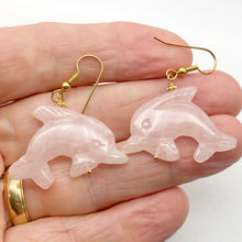 Load image into Gallery viewer, Rose Quartz 14K Gold Filled Dolphin Drop/Dangle Earrings| 1 1/2" Long | Pink |
