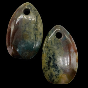 Hand Carved Bloodstone Pendant Beads | 54x33x6mm | Green Pink | Oval | 1 Pair |
