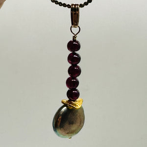 Natural Garnet and Pearl 14KGF Pendant | 1 1/2 Inch Long |