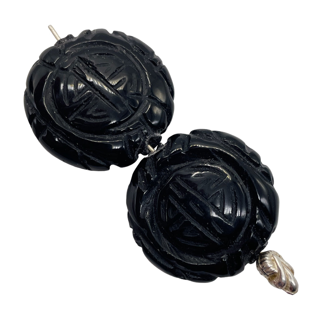 Carved Long Life Obsidian Beads |25x10mm | Black | 2 Beads |