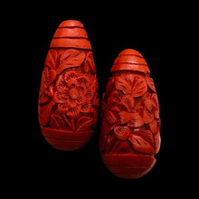 Load image into Gallery viewer, Cinnabar Carved Teardrop Barrel Beads | 34x16x12mm | Red | 2 Beads |
