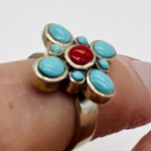 Turquoise Coral Sterling Silver Ring | Size 7.75 | Blue Red | 1 Ring |