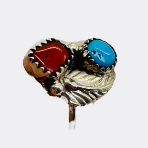 Turquoise Coral Sterling Silver Feather Design Ring | Size 5| Blue Red | 1 Ring|