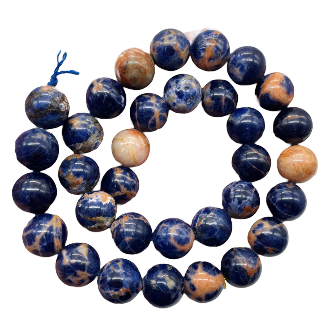 Blue Sodalite with White and Orange 12mm Round Bead Strand 110781