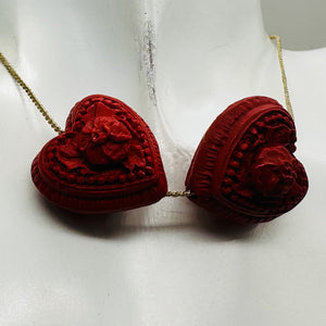 Cinnabar Carved Double Flower Heart Beads | 22x22x20mm | Red | 2 Beads |