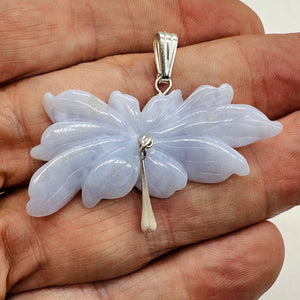 Blue Chalcedony Druzy Carved Flower Sterling Silver Pendant | 1 1/2" Long| Blue|