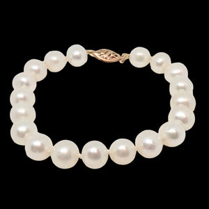 14K Yellow Gold 8.5mm White Near Round Freshwater Pearl Bracelet 402639