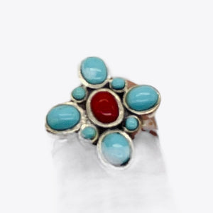 Turquoise Coral Sterling Silver Ring | Size 7.75 | Blue Red | 1 Ring |