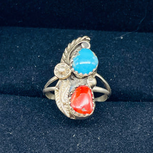 Turquoise Coral Sterling Silver Feather Design Ring | 6 | Blue Red | 1 Rung |