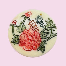 Load image into Gallery viewer, Rose Flower Scrimshaw Round Pendant Bead | 25x3mm | Red, Green, Cream | 1 Bead |
