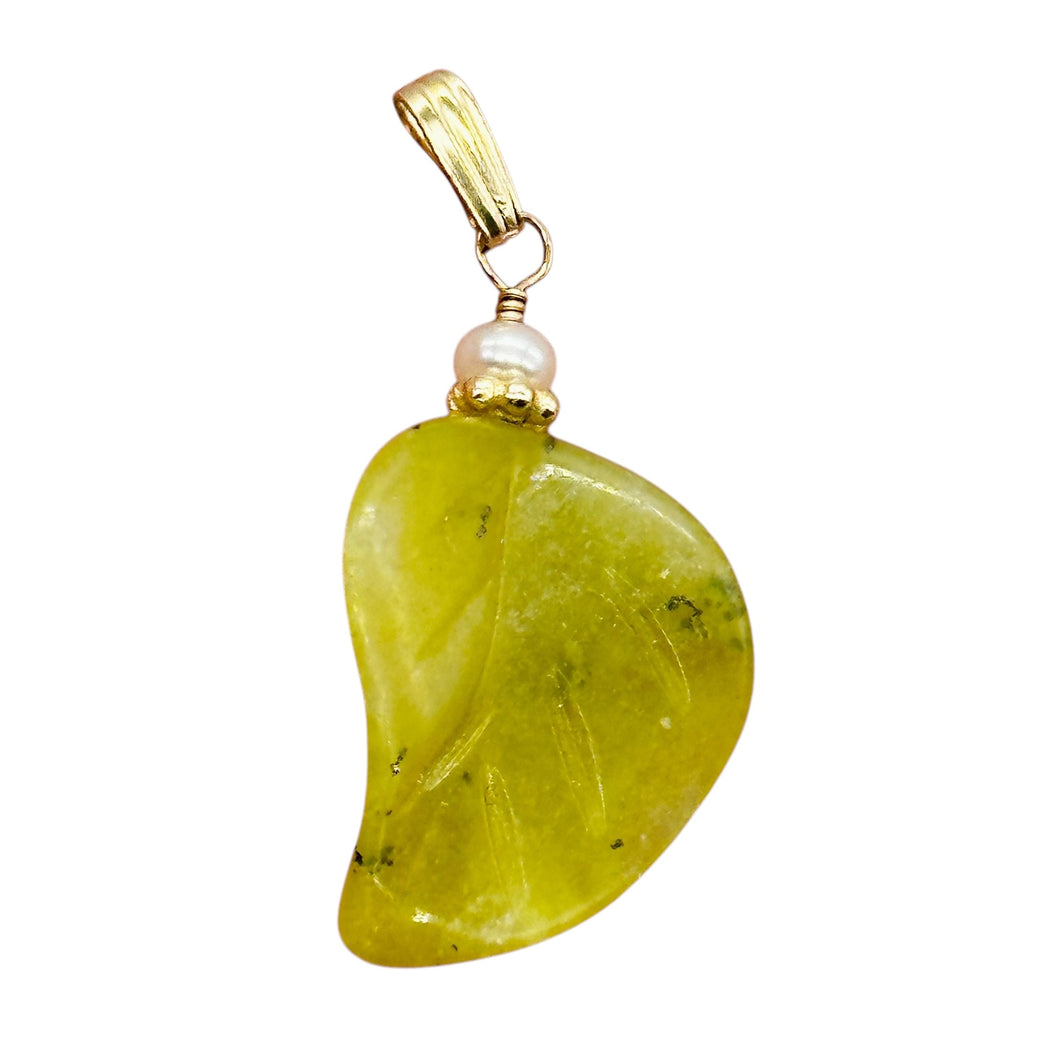 Jade Carved Leaf Sterling Silver Drop Pendant | 1 1/4