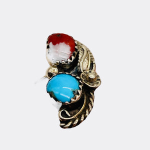 Turquoise Coral Sterling Silver Feather Design Ring | 6 | Blue Red | 1 Rung |