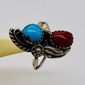 Turquoise Coral Sterling Silver Feather Design Ring | 6 | Blue Red | 1 Rung |