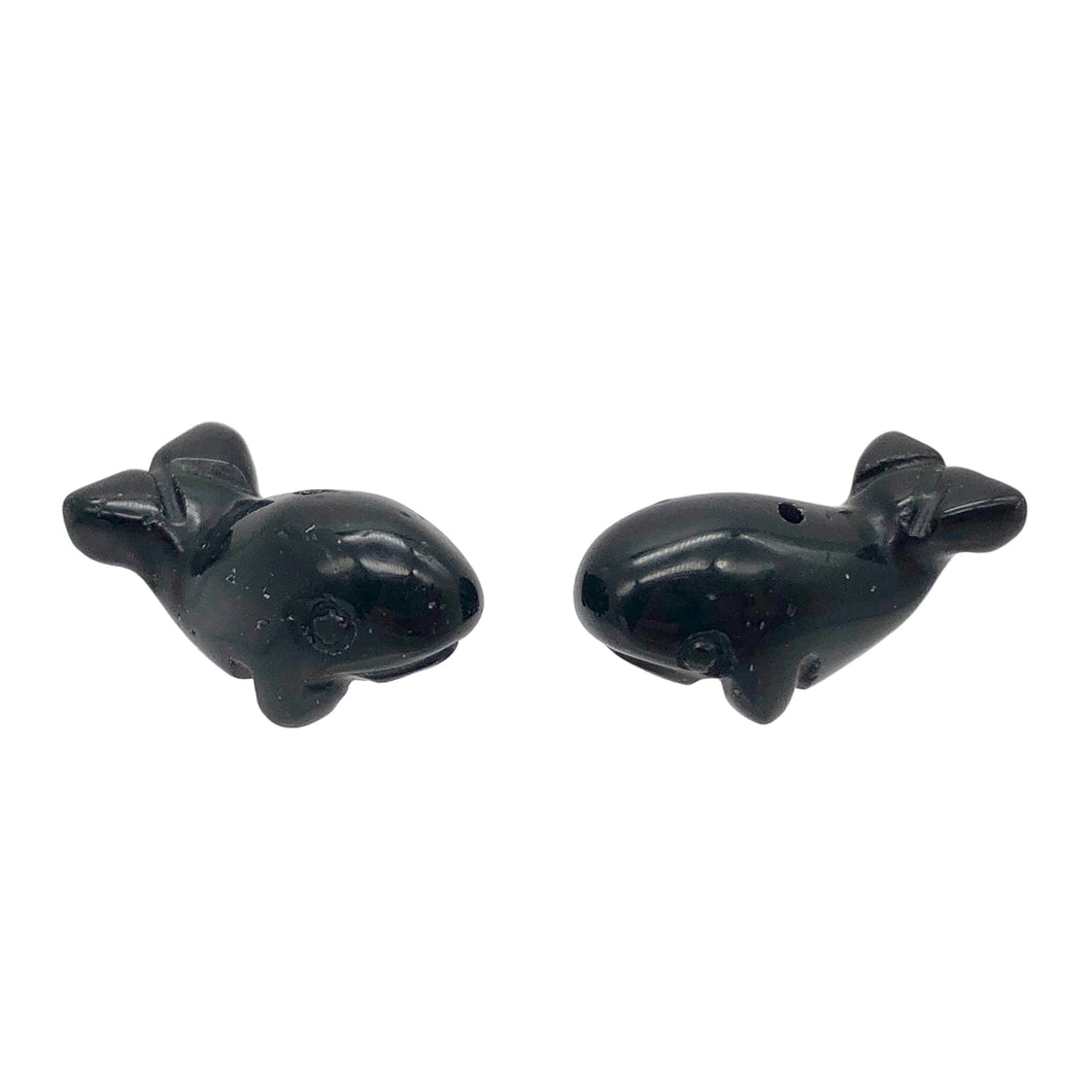 Carved Sea Animals 2 Obsidian Whale Beads | 21x12x10mm | Black