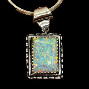 Opal 1 1/4"' Long Sterling Silver Rectangle Pendant | 15x10mm| Green Red White|