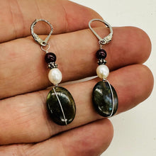 Load image into Gallery viewer, Labradorite Oval Bead Sterling Silver Wire Wrap Earrings with Euro Earwires |
