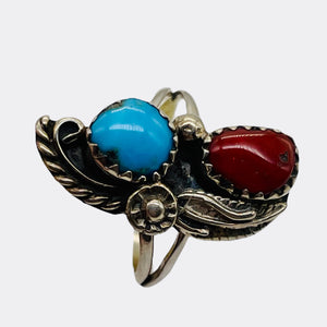 Turquoise Coral Sterling Silver Feather Design Ring | 6 | Blue Red | 1 Rung |