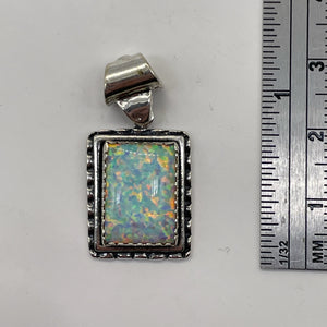 Opal 1 1/4"' Long Sterling Silver Rectangle Pendant | 15x10mm| Green Red White|
