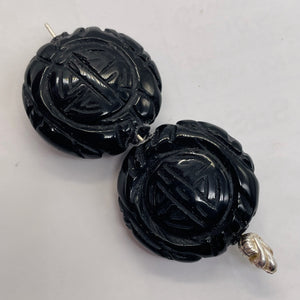 Carved Long Life Obsidian Beads |25x10mm | Black | 2 Beads |