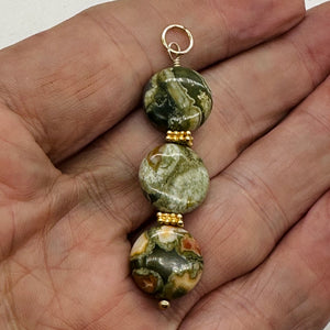 Raintree Rhyolite Jasper 14KGF Dangle Pendant | 2" Long | Green, Pink |