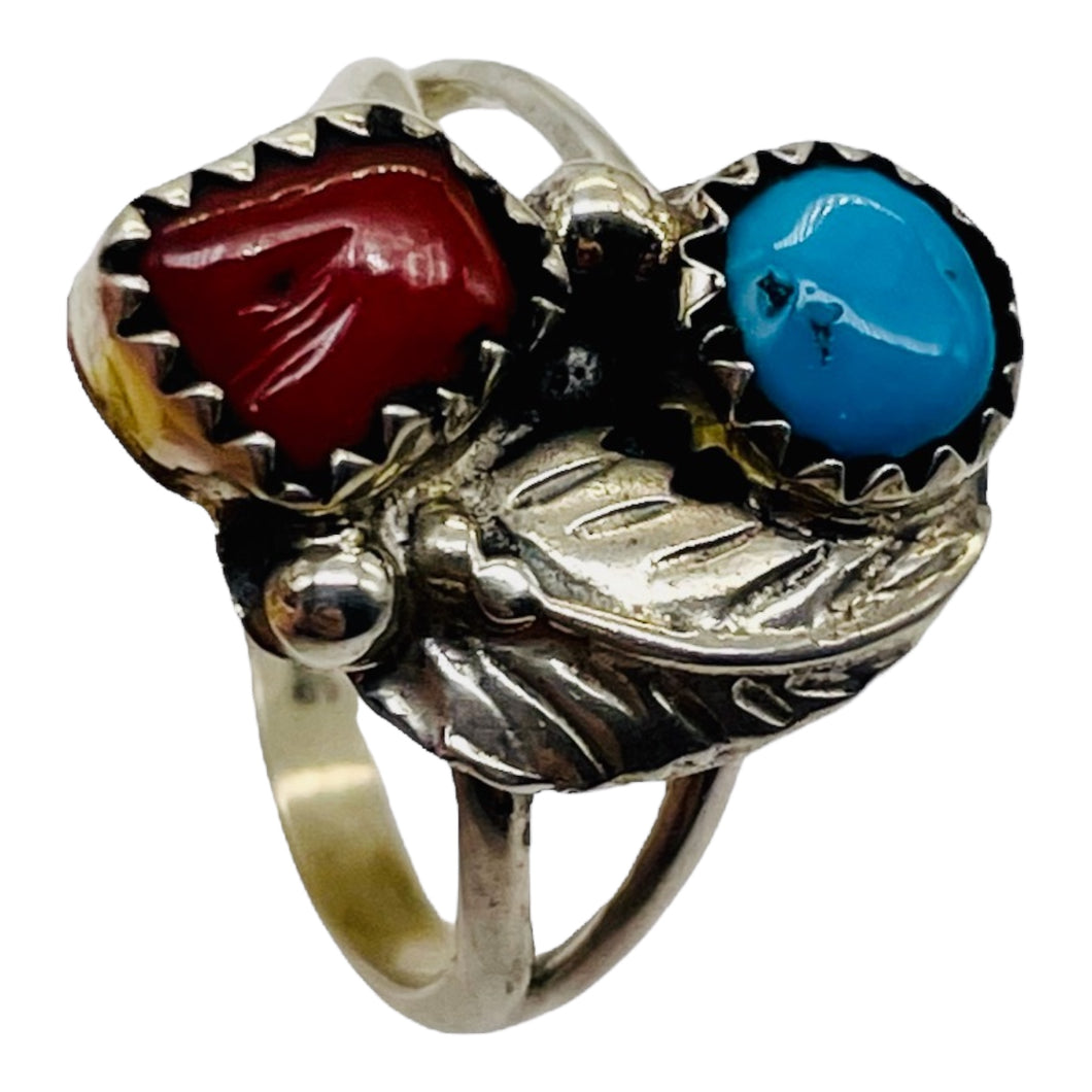 Turquoise Coral Sterling Silver Feather Design Ring | Size 5| Blue Red | 1 Ring|