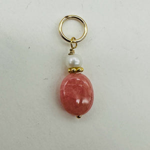 Rhodocrosite Freshwater Pearl 14K Gold Filled Pendant| 1" Long| Pink White |