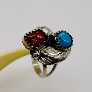 Turquoise Coral Sterling Silver Feather Design Ring | Size 5| Blue Red | 1 Ring|