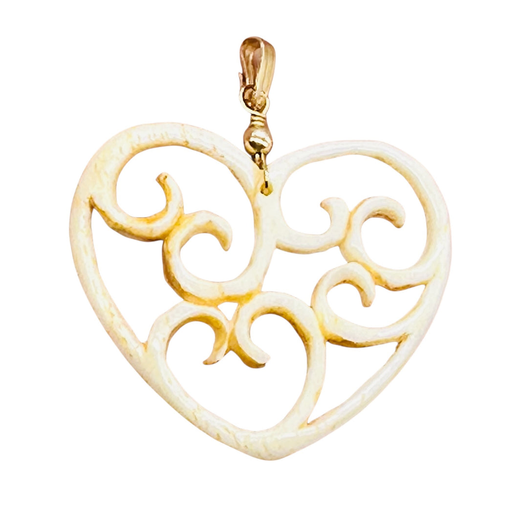 Heart Shape Delicate Carved Bone 14K Gold Filled Pendant| 1 3/4