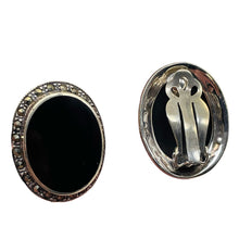 Load image into Gallery viewer, Onyx Marcasite Clip-On Sterling Silver Oval Earrings| 27x21mm | Black | 1 Pair |
