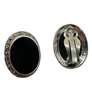Onyx Marcasite Clip-On Sterling Silver Oval Earrings| 27x21mm | Black | 1 Pair |
