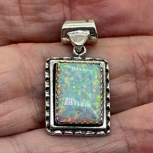 Opal 1 1/4"' Long Sterling Silver Rectangle Pendant | 15x10mm| Green Red White|
