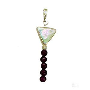 Pearl Triangle and Garnet Sterling Silver Drop Pendant| 1 3/4" Long| White, Red|