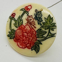 Load image into Gallery viewer, Rose Flower Scrimshaw Round Pendant Bead | 25x3mm | Red, Green, Cream | 1 Bead |
