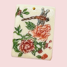 Load image into Gallery viewer, Rose Flower Dragonfly Scrimshaw Pendant Bead | 29x22x4mm | Red, Green, Cream |
