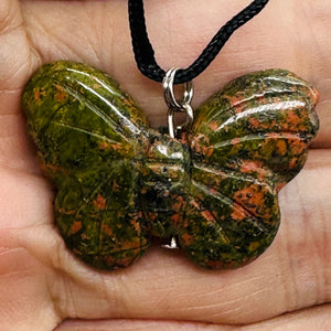 Unakite Stone Butterfly Pendant | 1" Long | Green, Pink | 1 Pendant Necklace |
