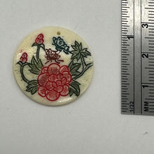 Load image into Gallery viewer, Rose Flower Scrimshaw Round Pendant Bead | 25x3mm | Red, Green, Cream | 1 Bead |
