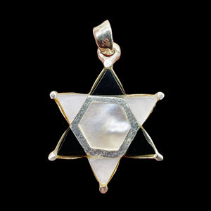 Mother of Pearl and Onyx Sterling Silver Pendant Kagome Shatkona |1 1/4" Long |