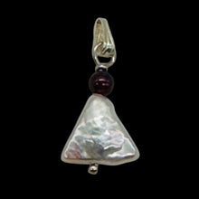 Load image into Gallery viewer, Pearl Triangle and Garnet Sterling Silver Drop Pendant | 1&quot; Long | White, Red |
