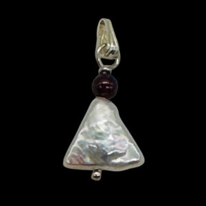 Pearl Triangle and Garnet Sterling Silver Drop Pendant | 1" Long | White, Red |