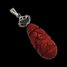 Load image into Gallery viewer, Cinnabar Carved Teardrop Barrel Bead Sterling Silver Pendant | 2 1/4" Long| Red
