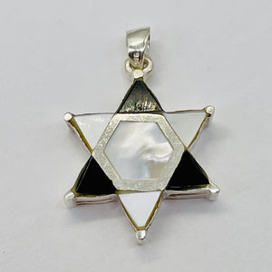 Mother of Pearl and Onyx Sterling Silver Pendant Kagome Shatkona |1 1/4" Long |