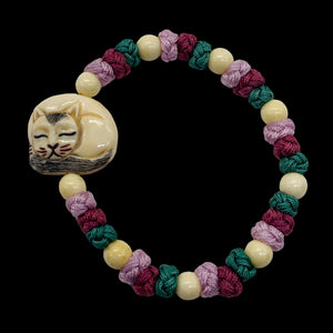 Bone and Silk Braided Kitty 6mm Beads | 6 to 7 Inch Bracelet | White, Lavender |